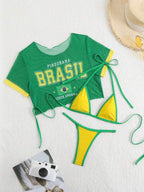 Conjunto Brasil Biquíni Fio Com Cropped Tule