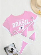 Conjunto Brasil Biquíni Fio Com Cropped Tule