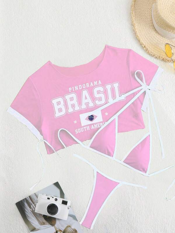 Conjunto Brasil Biquíni Fio Com Cropped Tule