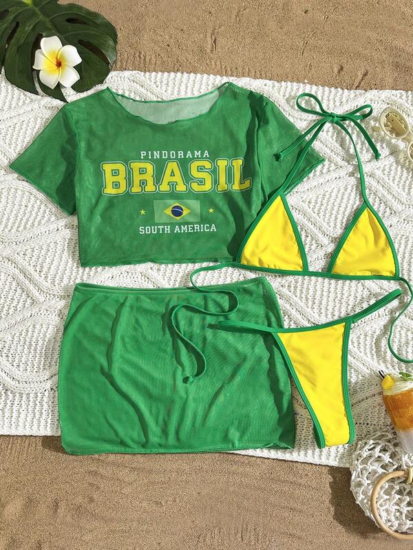 Conjunto Brasil Praia Com Camiseta E Saia Tule