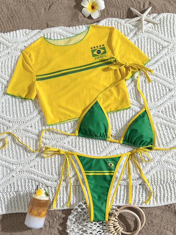 Conjunto Brasil Biquíni Com Cropped Tule