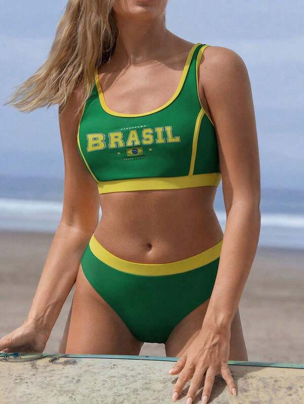 Biquíni Brasil Top Cropped Com Calcinha Cintura Alta
