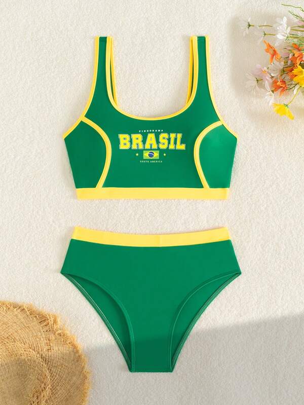 Biquíni Brasil Top Cropped Com Calcinha Cintura Alta