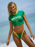 Conjunto Brasil Biquíni Com Cropped Manga Curta
