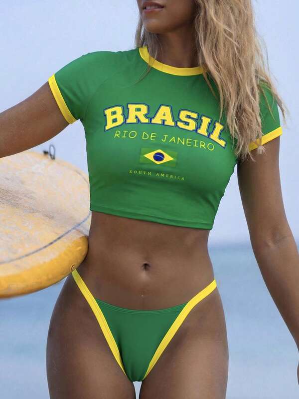 Conjunto Brasil Biquíni Com Cropped Manga Curta