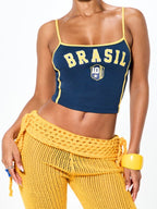 Conjunto Brasil Top Cropped Com Bermuda Crochê