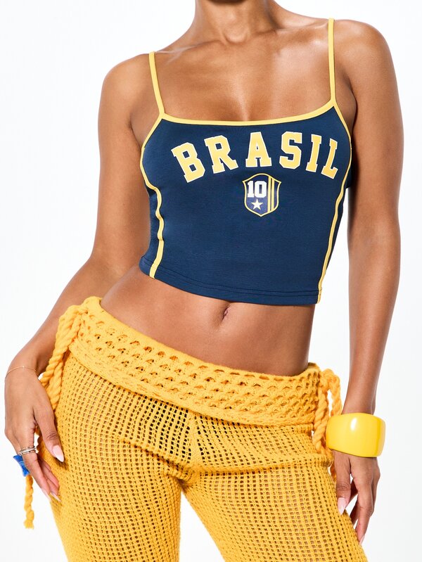 Conjunto Brasil Top Cropped Com Bermuda Crochê