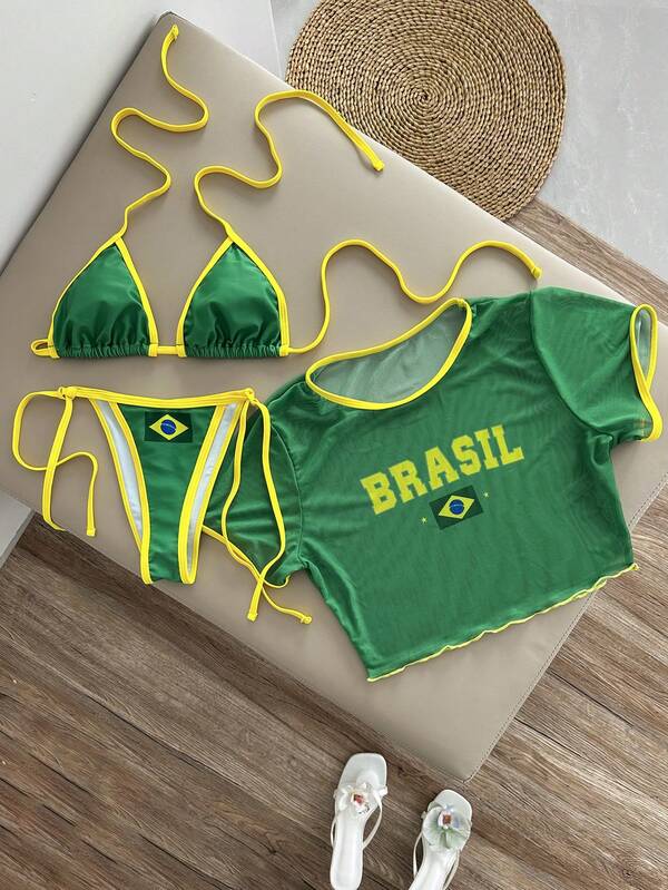 Conjunto Brasil Biquíni Fio Com Cropped Transparente