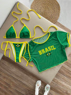 Conjunto Brasil Biquíni Fio Com Cropped Transparente