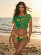 Conjunto Brasil Biquíni Fio Com Cropped Transparente
