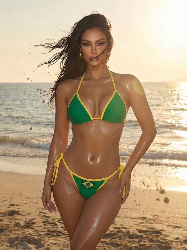 Conjunto Brasil Biquíni Fio Com Cropped Transparente