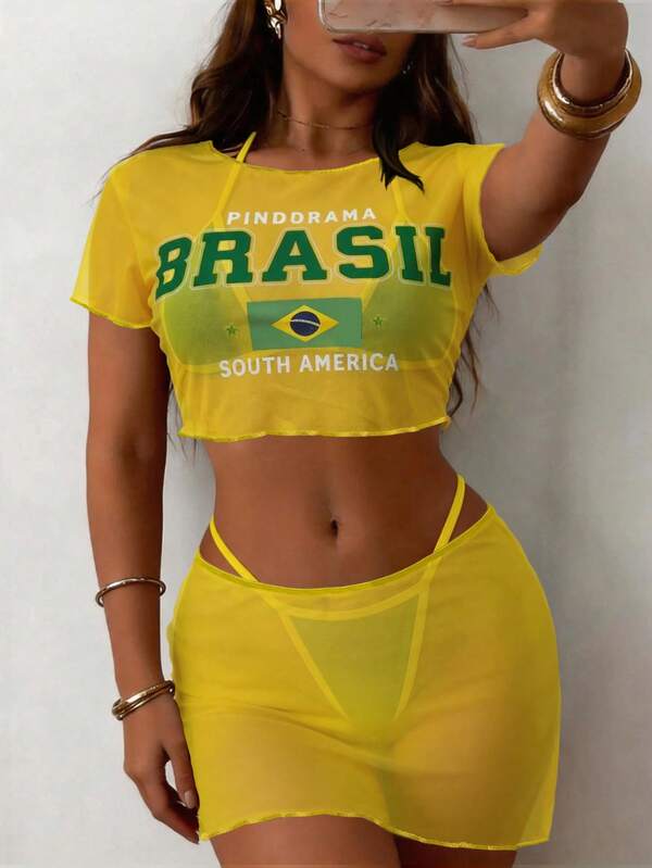 Conjunto Brasil Praia Com Camiseta E Saia Tule