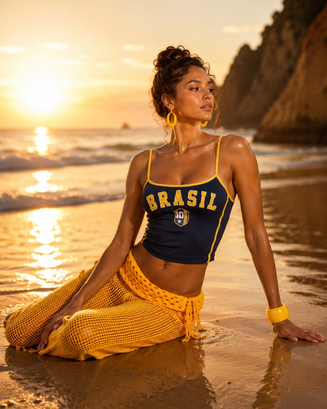 Conjunto Brasil Top Cropped Com Bermuda Crochê