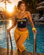 Conjunto Brasil Top Cropped Com Bermuda Crochê