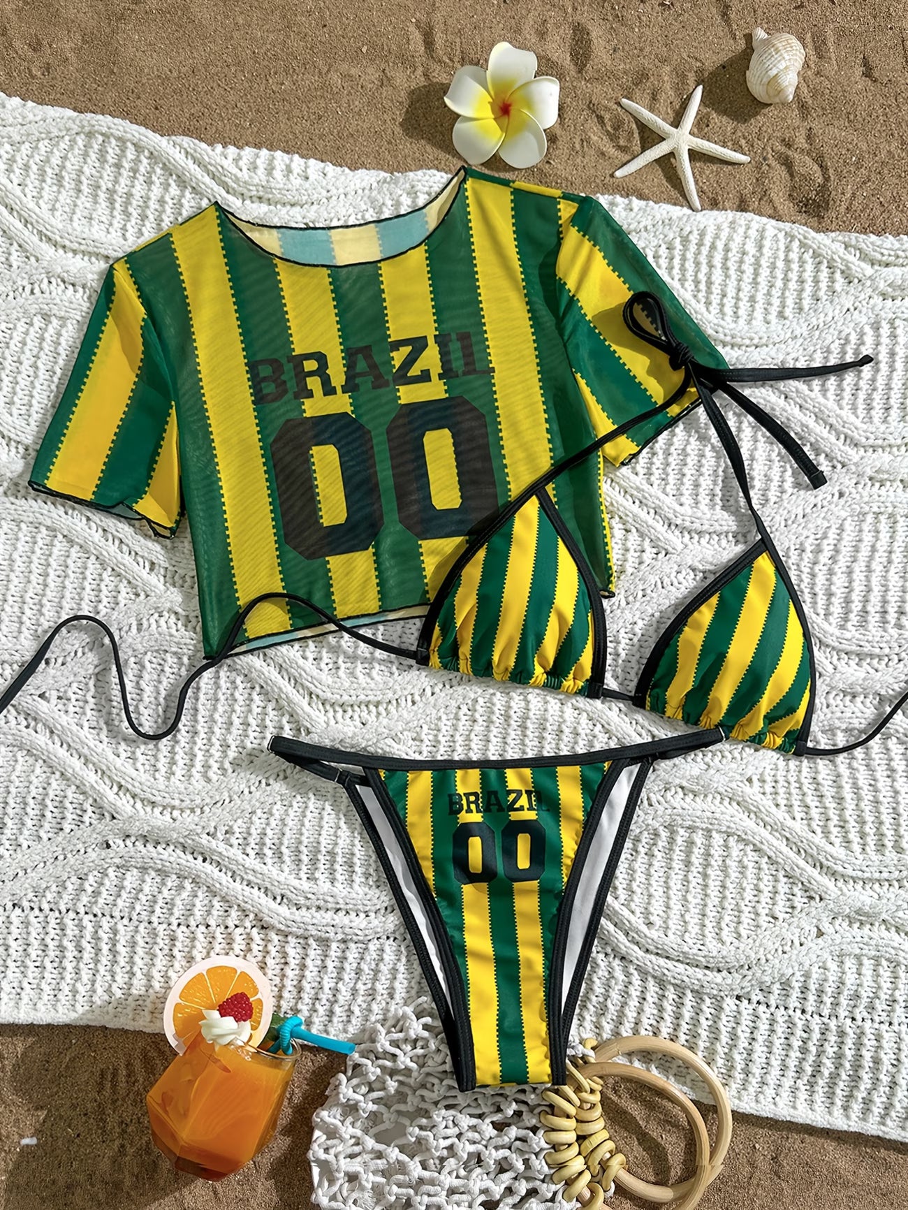 Conjunto Brasil Praia Listrado Com Número Frontal