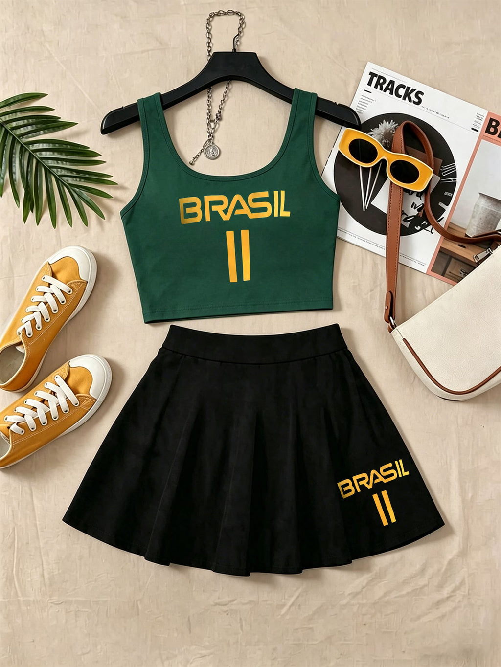 Conjunto Brasil Regata Com Saia Curta